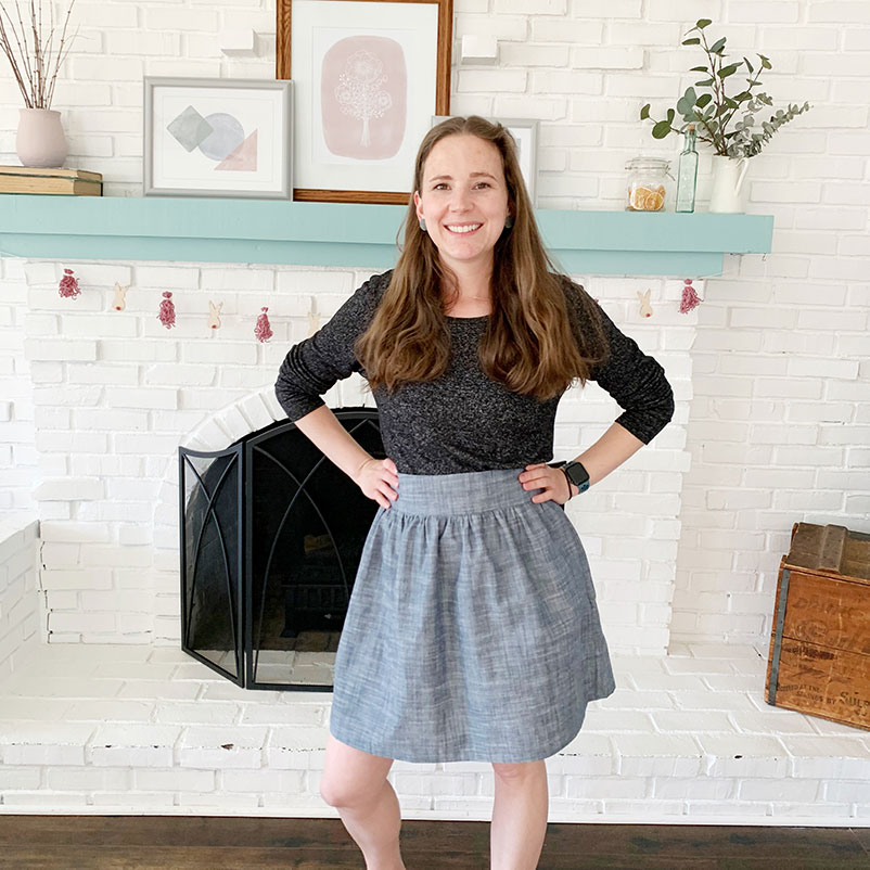 overall view of author wearing her gathered skirt