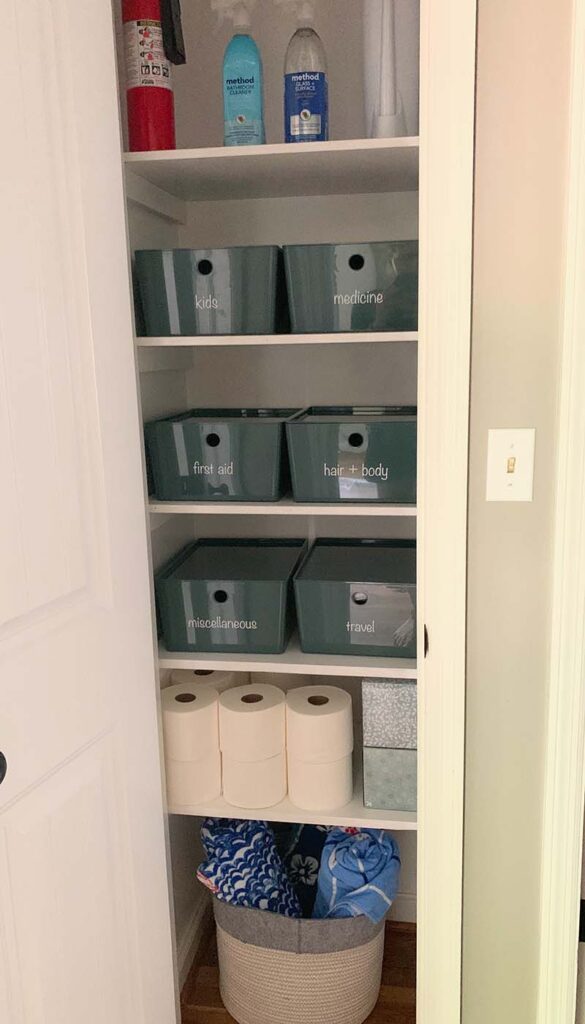 overall photo of the entire linen closet with all of its contents