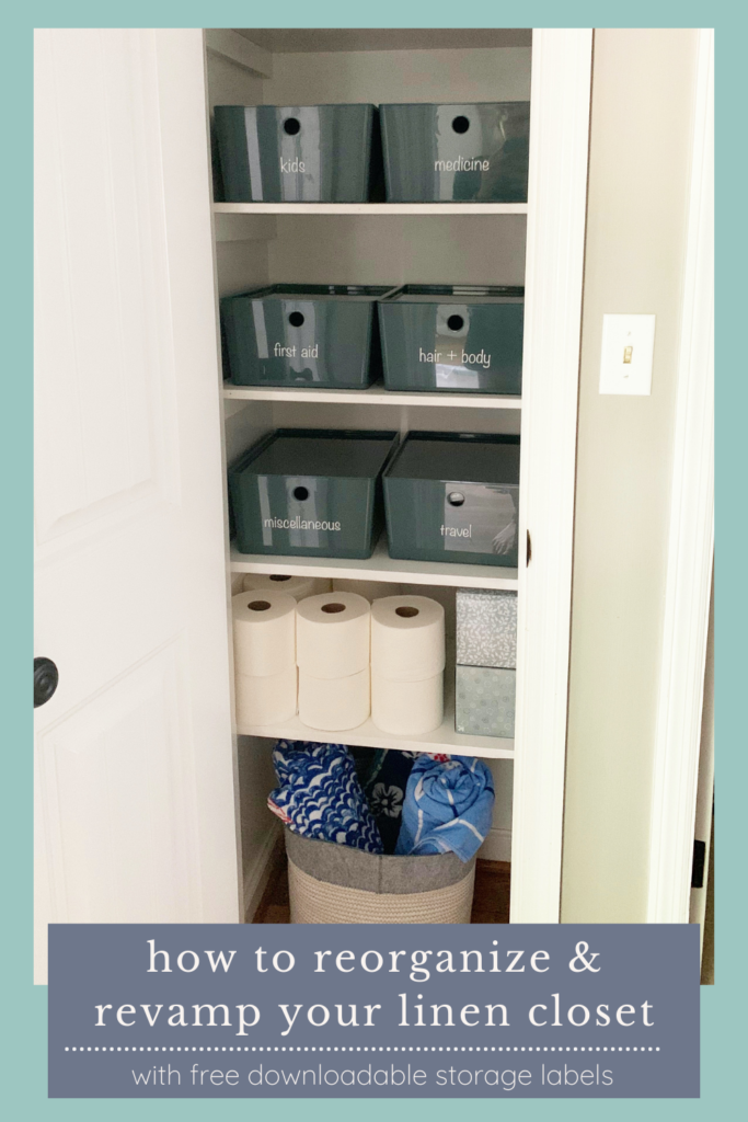 narrow linen closet, neatly organized with green storage boxes, toilet paper, towels, and cleaning supplies. Text overlaid "how to reorganize and revamp your linen closet"