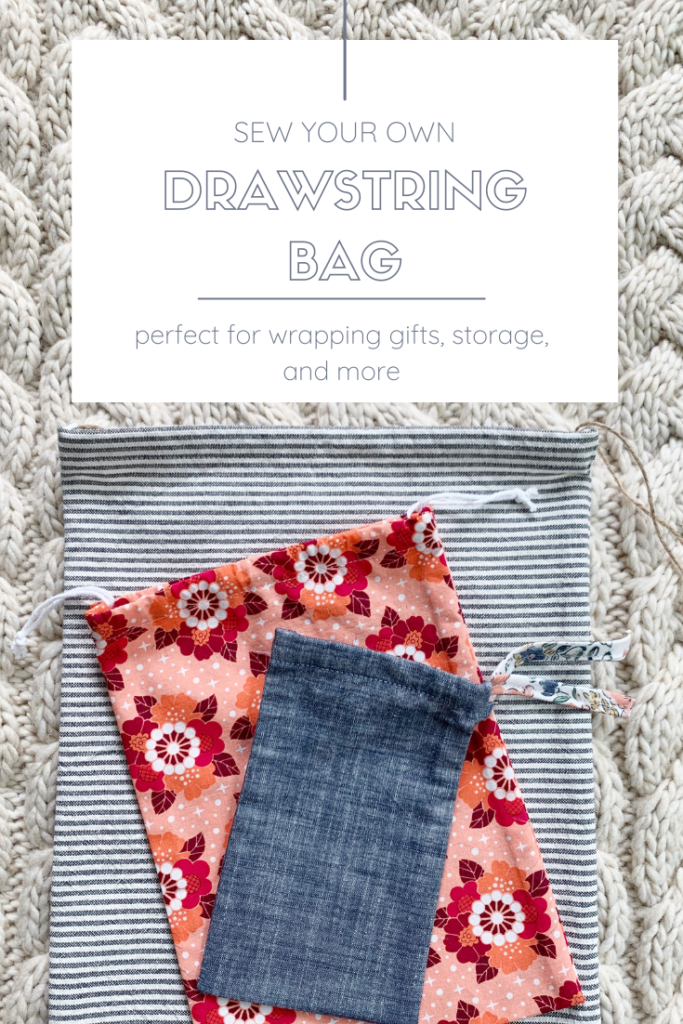 pinterest graphic for learning to sew a drawstring bag. Photo features title and three different size sewn bags laying on top of one another