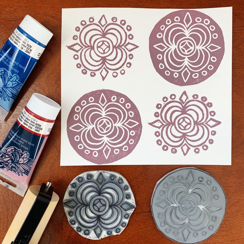 geometric swirling rubber stamps shown with their prints on paper