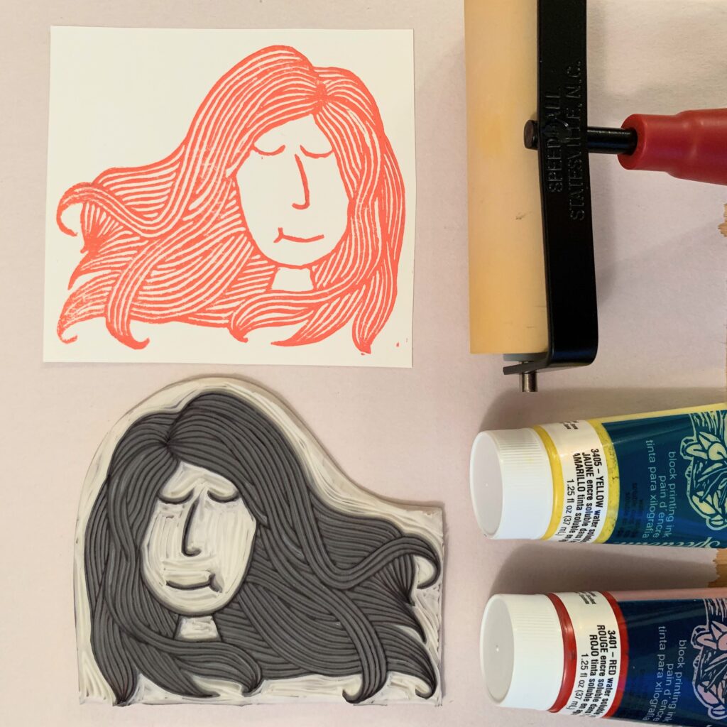 stamp and its print of a girl with longer wavy hair falling around her face